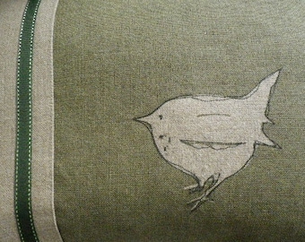 Handprinted and stitched little olive Jenny wren cushion cover
