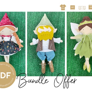 May include: A bundle offer for three felt doll sewing patterns: a girl gnome with a red hat and mushroom print dress, a boy gnome with a green hat and brown vest, and a fairy with green wings and a green dress. The patterns are available in PDF format and include sewing instructions.