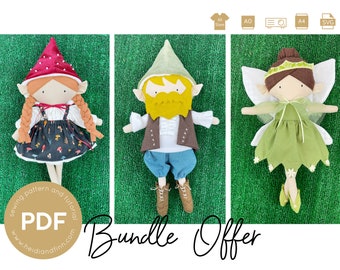 Mini Pals Woodland doll sewing pattern, BUNDLE doll sewing pattern, toy pdf pattern, plush doll pattern, gnome doll, fairy doll, pixie doll