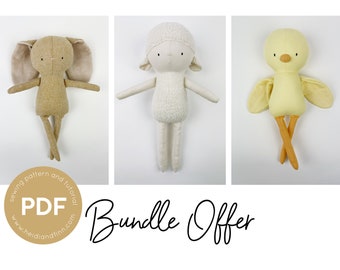 Animal doll sewing pattern, Mini Softie BUNDLE patterns, lamb sewing pattern, bunny sewing pattern, chick sewing pattern, plush animal pdf