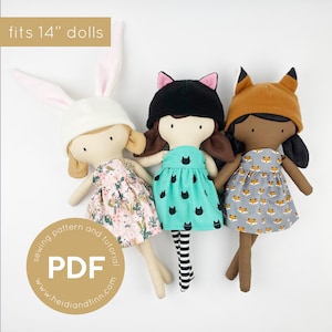 May include: Three handmade dolls wearing different outfits and hats. The dolls are 14 inches tall and are dressed in a floral print dress, a teal dress with black cat print, and a gray dress with fox print. The dolls are wearing bunny, cat, and fox hats. The image includes the text "fits 14" dolls" and "sewing pattern and tutorial PDF www.heidianfinn.com".
