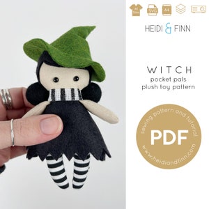 Witch doll pattern, mini doll pattern, toy doll, felt ornament, stuffed doll halloween, dollhouse sewing pattern, doll sewing, mini doll pdf