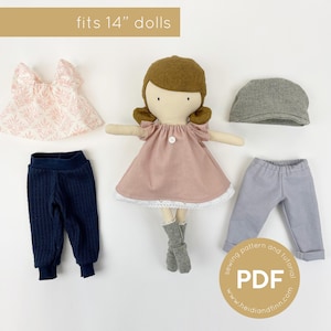 Peut inclure: Un patron de couture et un tutoriel pour confectionner des vêtements pour une poupée de 35,5 cm. Le patron comprend une robe, un pantalon, une chemise et un chapeau. La poupée n'est pas incluse.