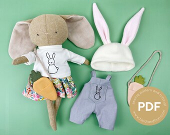 Mini Pals aankleedset 8, BUNNY LOVE, poppenkledingpatroon, pop naaipatroon, poppenbroekpatroon, poppenjurkpatroon, hoedpop pdf