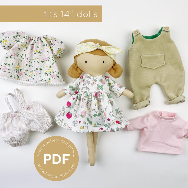 May include: A sewing pattern and tutorial for making doll clothes for 14" dolls. The pattern includes a dress, overalls, a shirt, and bloomers. The pattern is available as a PDF download.