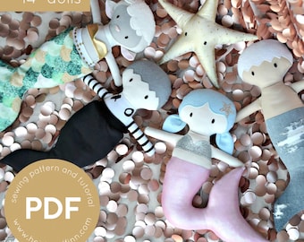 Mini Pals Under The Sea doll sewing pattern, mermaid toy sewing pattern, doll pdf pattern, merman pattern, starfish sewing pattern, mermaid