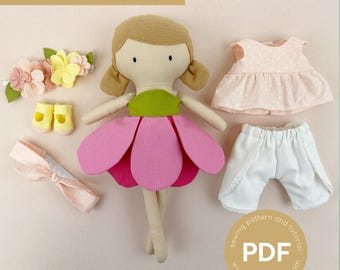 Mini Pals Dress up set 9, MAY FLOWERS, doll clothing pattern, doll sewing pattern, doll shorts pattern, doll dress pattern, doll wardrobe