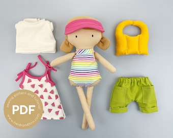 Mini Pals Dress up set 10, BEACH DAYS, doll clothing pattern, doll swimsuit pattern, doll shorts pattern, doll dress pattern, doll sun hat