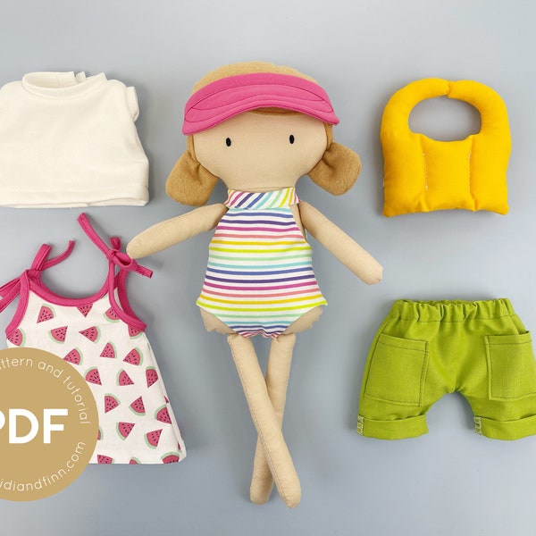 Mini Pals Anzieh Set 10, BEACH DAYS, Puppenkleidung Schnittmuster, Puppenbadeanzug Schnittmuster, Puppe Shorts Schnittmuster, Puppenkleid Schnittmuster, Puppen Sonnenhut