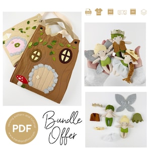 Op de afbeelding: Twee tote bags met grillige feeënhuisontwerpen. Eén is bruin met een boomstamgevel, de andere is beige met een hobbit-gatdeur. Ook afgebeeld zijn feeënpoppen en naaipatronen. De tekst "Bundle Offer" is zichtbaar.