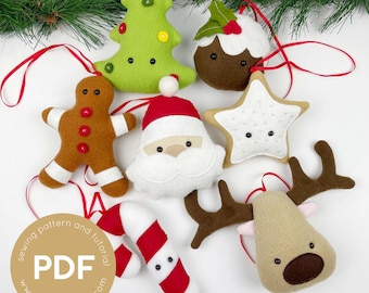 Modello di cucito di ornamenti di peluche per le vacanze, feltro giocattolo, modello di cucito ornamento, modello di cucito pdf, download digitale, modello di ornamento natalizio