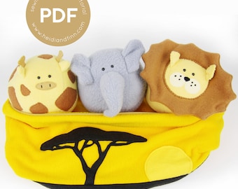 Safari friends sewing pattern, soft ball pattern, toy pdf sewing pattern, plush toy pdf, animal sewing, lion, giraffe, elephant, jungle pdf