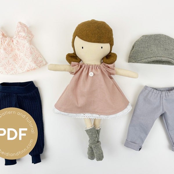 Mini Pals DRESS UP set #1, soft rag doll, sewing pattern, clothing pattern, toy, doll clothes, stuffed doll dress, pants pattern, socks, hat