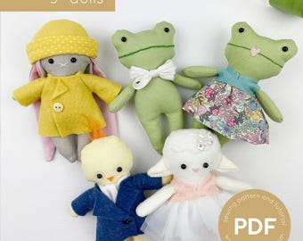 Spring Easter doll sewing pattern, Mini Pals pattern,  easter dolls, doll sewing pattern, felt sewing pattern, easter pdf pattern, frog pdf