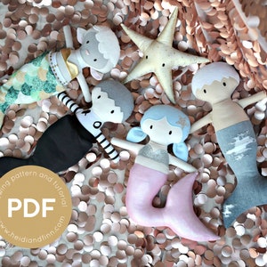 Mini Pals Under The Sea doll sewing pattern, mermaid toy sewing pattern, doll pdf pattern, merman pattern, starfish sewing pattern, mermaid