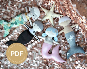 Mini Pals Under The Sea doll sewing pattern, mermaid toy sewing pattern, doll pdf pattern, merman pattern, starfish sewing pattern, mermaid