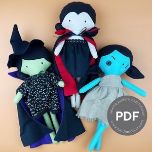 Mini Pal Halloween Puppen, Schnittmuster für Puppen, pdf Schnittmuster, Vampir Schnittmuster, Hexen Puppe Schnittmuster, digitaler Download, gruselige Puppe