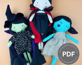 Mini Pal Halloween dolls, doll sewing pattern, pdf sewing pattern, vampire sewing pattern, witch doll pattern, digital download, spooky doll