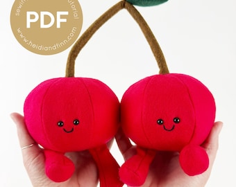 Modello di cucito per ciliegie, peluche di ciliegie, peluche di ciliegie, modello di cucito per frutta, frutta di peluche, cibo finto, cibo da gioco, frutta di feltro, ciliegia di peluche