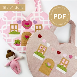 BOLSA PARA CASA DE MUÑECAS HEART, casa de muñecas portátil, casa de muñecas de tela, patrón de costura para casa de muñecas suave, patrón de costura para casa de muñecas, mini porta muñecas