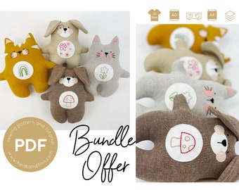 May include: A bundle offer for five plush toy sewing patterns. The patterns include a cat, a dog, and a bunny. The patterns are available in PDF format and include sewing instructions. The text "Bundle Offer" is written in black cursive.