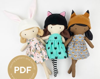 Animal Hat pdf for doll, MINI PAL hat with ears, soft rag doll, animal hat pdf sewing pattern, toy hat pattern, plush doll pdf, bunny bonnet