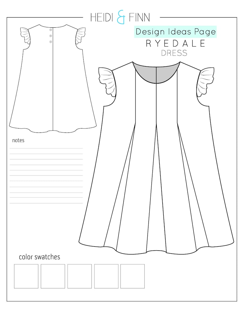 May include: A black and white line drawing of a dress design with a round neckline and flutter sleeves. The design includes a section for notes and color swatches.