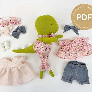 Dino doll Dress up set 1, doll clothing pattern, doll sewing pattern, doll pants pattern, doll dress pattern, dinosaur doll clothing pattern