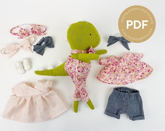 Dino doll Dress up set 1, patrón de ropa de muñeca, patrón de costura de muñeca, patrón de pantalones de muñeca, patrón de vestido de muñeca, patrón de ropa de muñeca de dinosaurio