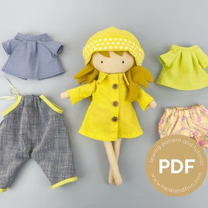 Mini Pals DRESS UP set #2, doll sewing pattern, doll clothing, doll clothing pattern,  doll raincoat, doll pdf pattern, 14" doll pattern