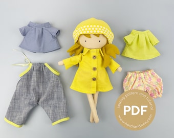 Mini Pals DRESS UP set #2, doll sewing pattern, doll clothing, doll clothing pattern,  doll raincoat, doll pdf pattern, 14" doll pattern