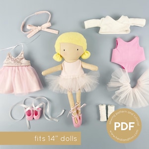 Puede incluir: Un patrón de costura y un tutorial para un atuendo de bailarina para muñecas, que incluye un leotardo rosa, un tutú y zapatos. El patrón es para muñecas de 35,5 cm. El patrón PDF está disponible para descargar. La imagen muestra una muñeca con el atuendo completo.