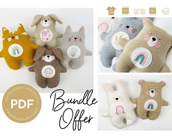 BoHo BUNDLE sewing pattern, 4 animal doll pattern, Embroidered Cat plush, bunny doll pattern, Dog toy sewing pattern, bear sewing pattern