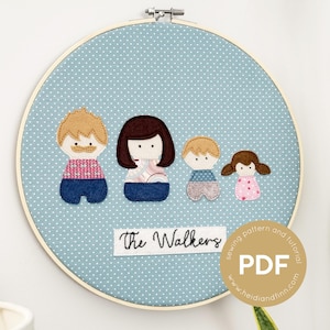 May include: A blue and white polka dot fabric hoop with a family of four embroidered figures. The figures are a man, a woman, a boy, and a girl. The text "The Walkers" is embroidered below the figures. The hoop is surrounded by a wooden frame.