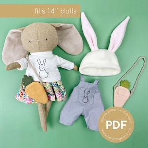 Mini Pals Dress up set 8, BUNNY LOVE, doll clothing pattern, doll sewing pattern, doll pants pattern, doll dress pattern, hat doll pdf