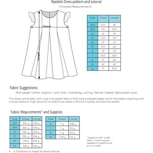 May include: A sewing pattern for a Ryedale dress with instructions and finished measurements for sizes 12 months to 12 years. The pattern includes a line drawing of the dress and a table of fabric requirements for the dress and lining.