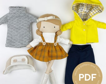 Mini Pals Dress up set 6, sweater weather, doll clothing pattern, doll sewing pattern, doll jacket pattern, doll dress pattern, hat doll pdf