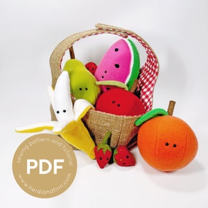 Fruit pdf pattern, plush toy pdf sewing pattern, fleece fruit, play food pattern, easy to sew, toy food, apple, pear, banana, fruit friends