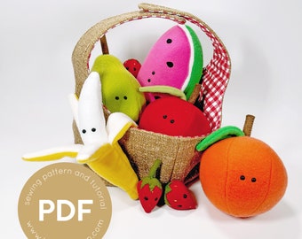 Fruit pdf pattern, plush toy pdf sewing pattern, fleece fruit, play food pattern, easy to sew, toy food, apple, pear, banana, fruit friends