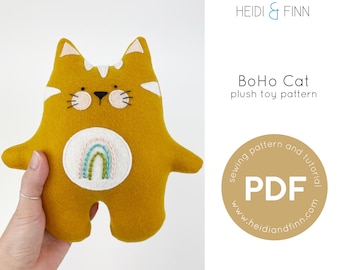 BoHo cat sewing pattern, Embroidered kitty plush toy, animal sewing pattern, cat toy sewing pattern, gift for baby, kitten pdf pattern