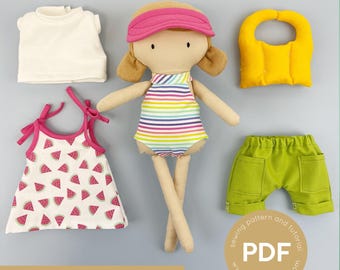 Mini Pals-aankleedset 10, BEACH DAYS, kledingpatroon voor poppen, patroon badpak poppen, patroon korte broek, patroon poppenjurk, zonnehoed pop
