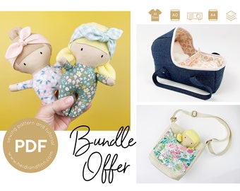 Baby doll BUNDLE, baby doll sewing pattern, pdf sewing pattern, tiny doll sewing pattern, bassinet sewing pattern, cross body bag pattern