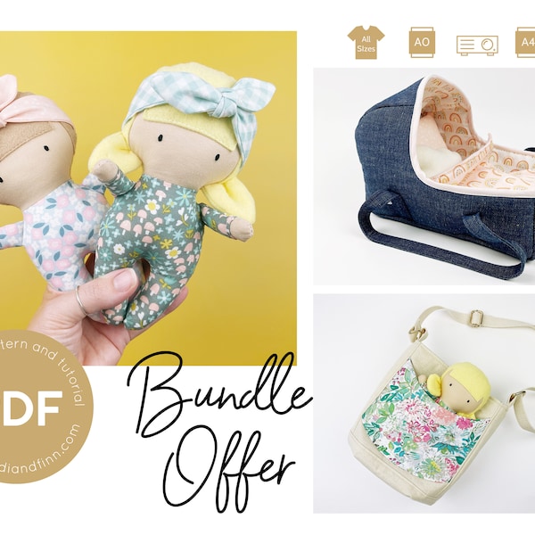 Baby doll BUNDLE, baby doll sewing pattern, pdf sewing pattern, tiny doll sewing pattern, bassinet sewing pattern, cross body bag pattern