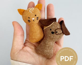 Mini animal doll pattern, pet doll, toy doll, doll ornament, 3 inch doll, dollhouse doll, tiny doll sewing pattern, mini cat, mini dog