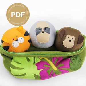 Jungle  friends sewing pattern, soft ball, toy pdf sewing pattern, plush toy, animal sewing pattern,  sloth, monkey, tiger, jungle pdf, baby