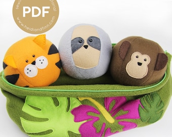 Jungle  friends sewing pattern, soft ball, toy pdf sewing pattern, plush toy, animal sewing pattern,  sloth, monkey, tiger, jungle pdf, baby