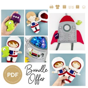 May include: A collection of handmade felt space-themed toys, including an astronaut doll, a rocket backpack, and small alien figures in purple and green. The image also features the text "Bundle Offer" and "PDF".