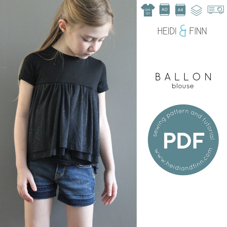 Ballon Blouse, child tee sewing pattern, ballet top sewing pattern, ruffle top pattern, pdf sewing pattern, diy kids clothes, tunic pattern image 1