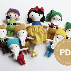 Mini Pals SNOW WHITE and the seven dwarfs, doll sewing pattern, fairytale dolls, snow white sewing pattern, snow white doll dress, doll pdf