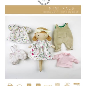 May include: A sewing pattern for a 7-inch doll, called "Mini Pals: dress up 7"sunday best". The pattern includes a dress, overalls, a shirt, and bloomers. The pattern is available in PDF, A4, and AO sizes. The pattern is easy to sew and is perfect for beginners.